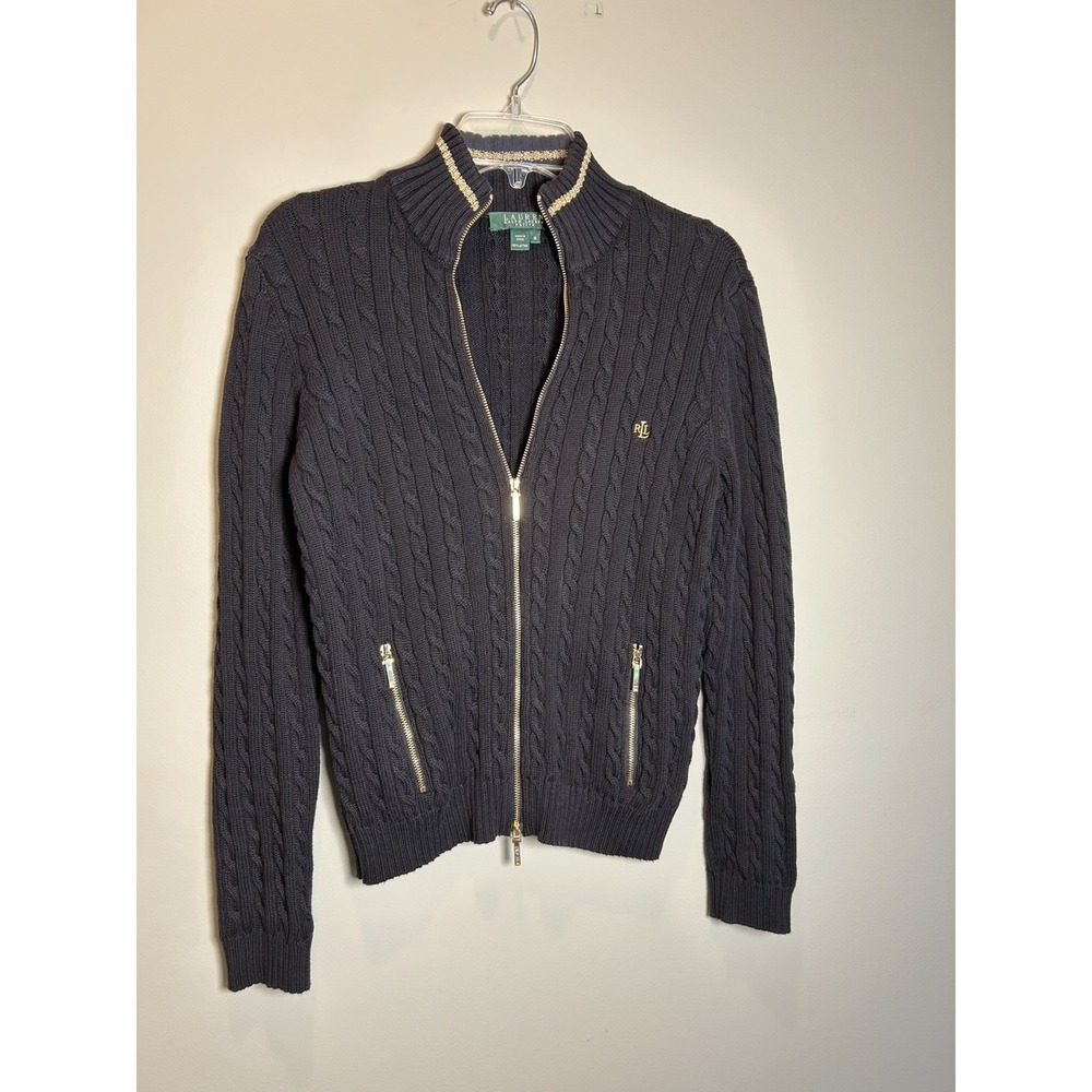 Lauren Ralph Lauren Womens M Cable Knit Zip Cardigan Sweater Black RL Logo
